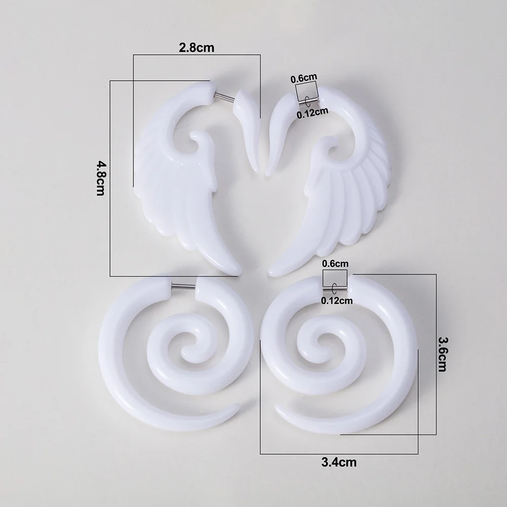 2 Pairs Wings Spiral Women\'s Acrylic Fake Illusion Tunnel Cheater Piercing Jewelry Hoop Earring Fake Gauge Plugs Earrings 16G