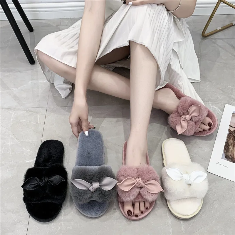 COOTELILI Woman Slippers Winter Shoes For Women New Fashion Faux Fur Flat Heel Slippers Women Shoes Bow Decoration Basic 36-41