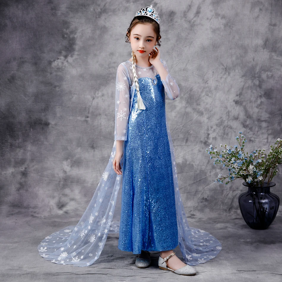 2020สาว Elsa 2 Princess Sequin ชุด Snowflake Cape Crown เสื้อผ้าเครื่องแต่งกายฮาโลวีนสำหรับเด็กแฟนซีชุด