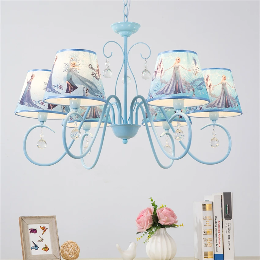 Blue Princess Aisha children's room cartoon chandeliers lights crystal girl bedroom study living room pendant lamps lighting