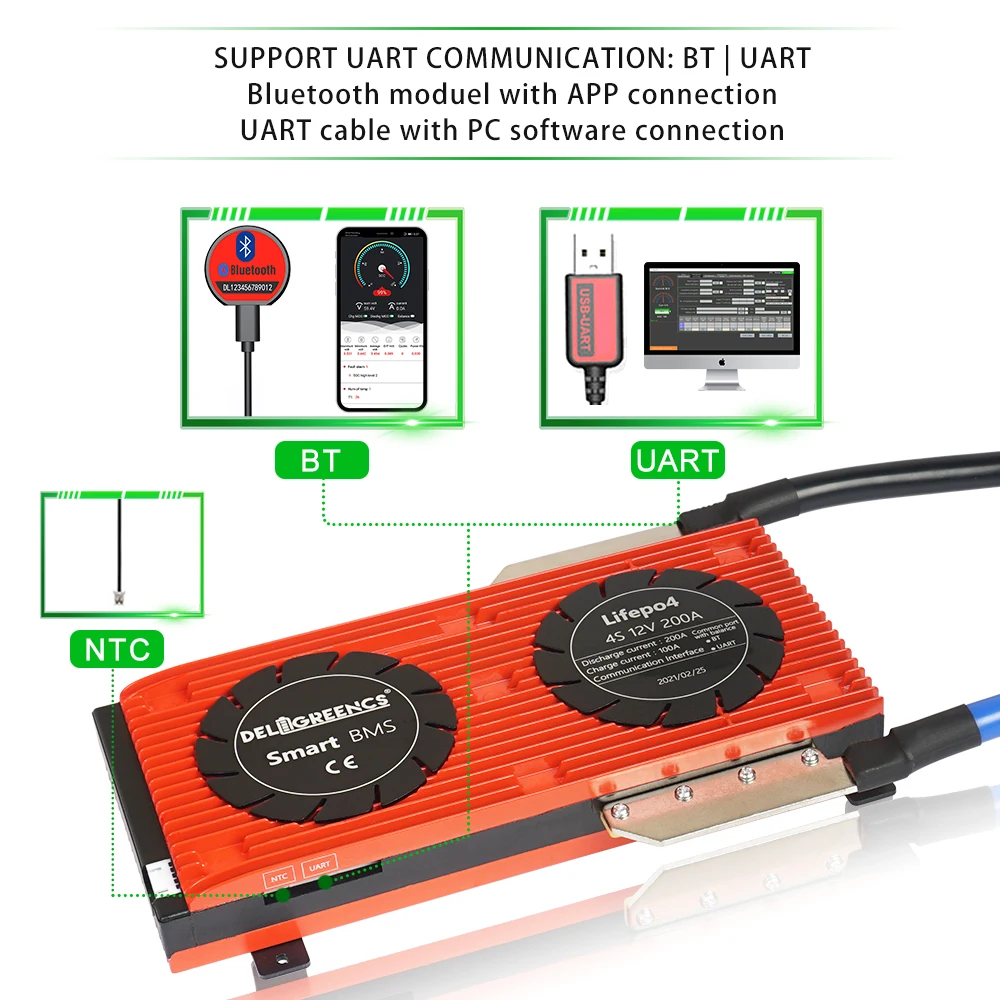 Умный BMS Li-Ion 7S 30A 40A 50A 60A 80A 100A 120A 150A 200A 250A 24V Bluetooth APP Uart кабель для литиевой батареи