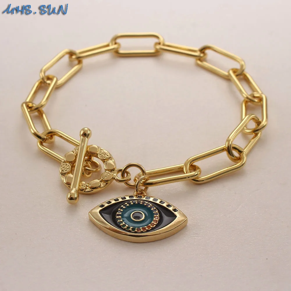 MHS.SUN 1PC Lucky Eye Pendant Bracelets Charm AAA Zircon Jewelry For Women Chunky Chain Bangles Men Hiphop Bangles Party Gifts