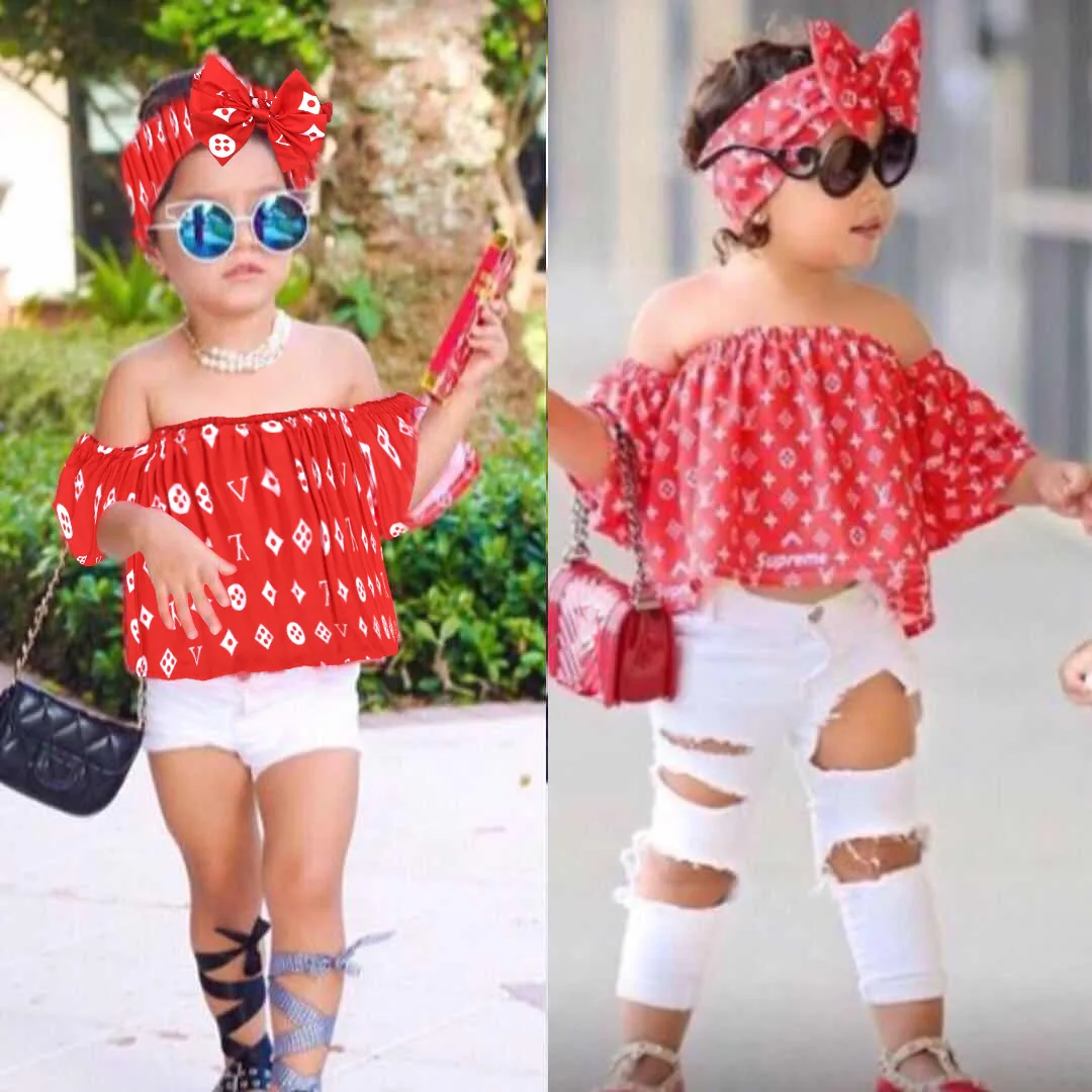 3PCS girl's wear red geometric pattern one-shoulder top with white ripped jeans cute bowknot headwear fashionable tide baby wear