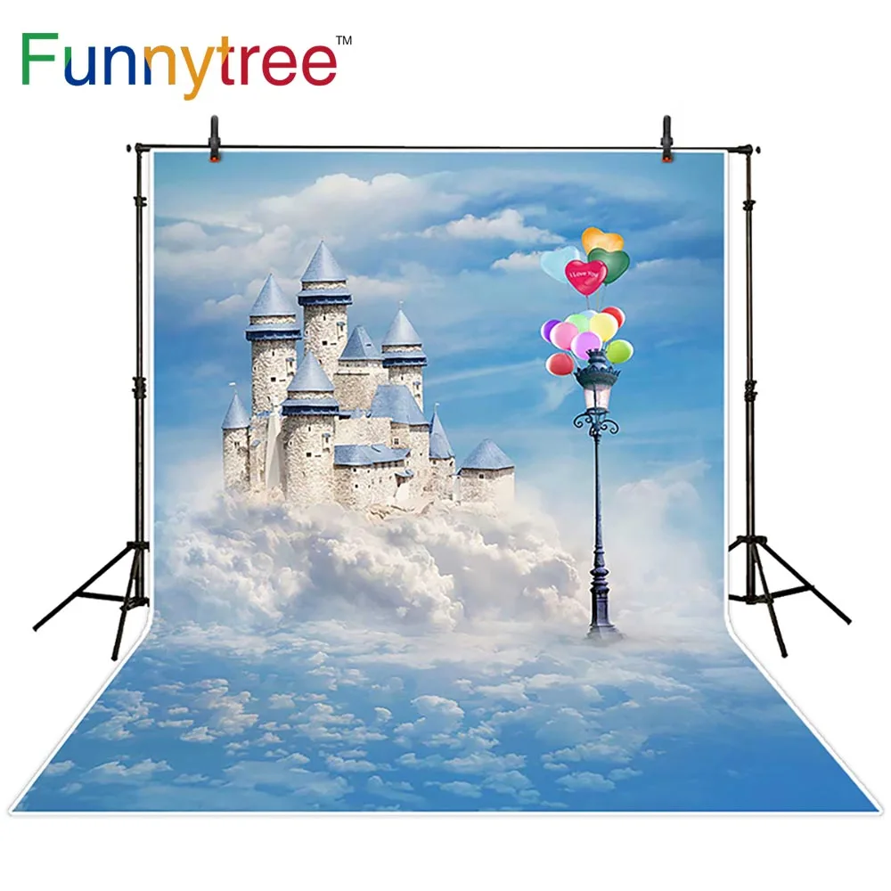 Funnytree photography background Balloon lights blue sky clouds castle backdrops baby princess photo photophone photozone