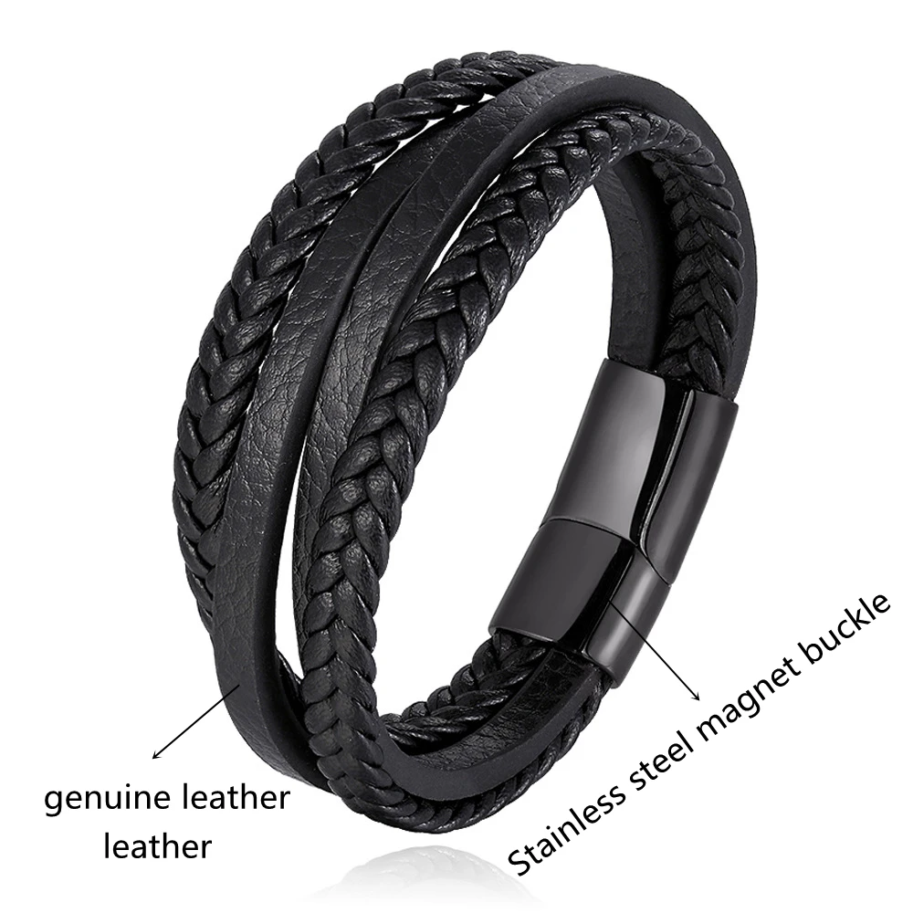 Fashion Simple Design Multilayer Leather Rope Hand Woven 316L Stainless Steel Magnet Bracelet Men\'s Jewelry