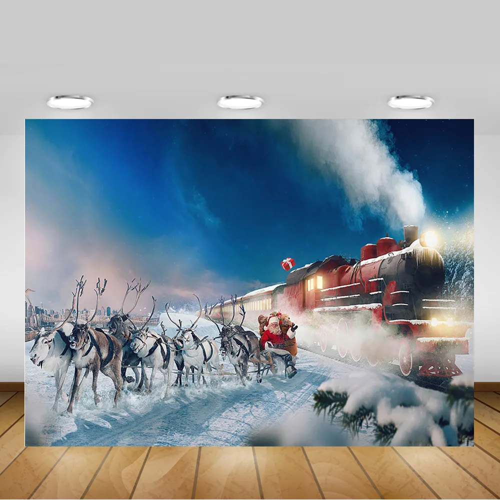 Winter Christmas Snow Scene Background Photography Santa Claus Elk Train Photo Backdrop Blue Sky Children Portrait Photocall