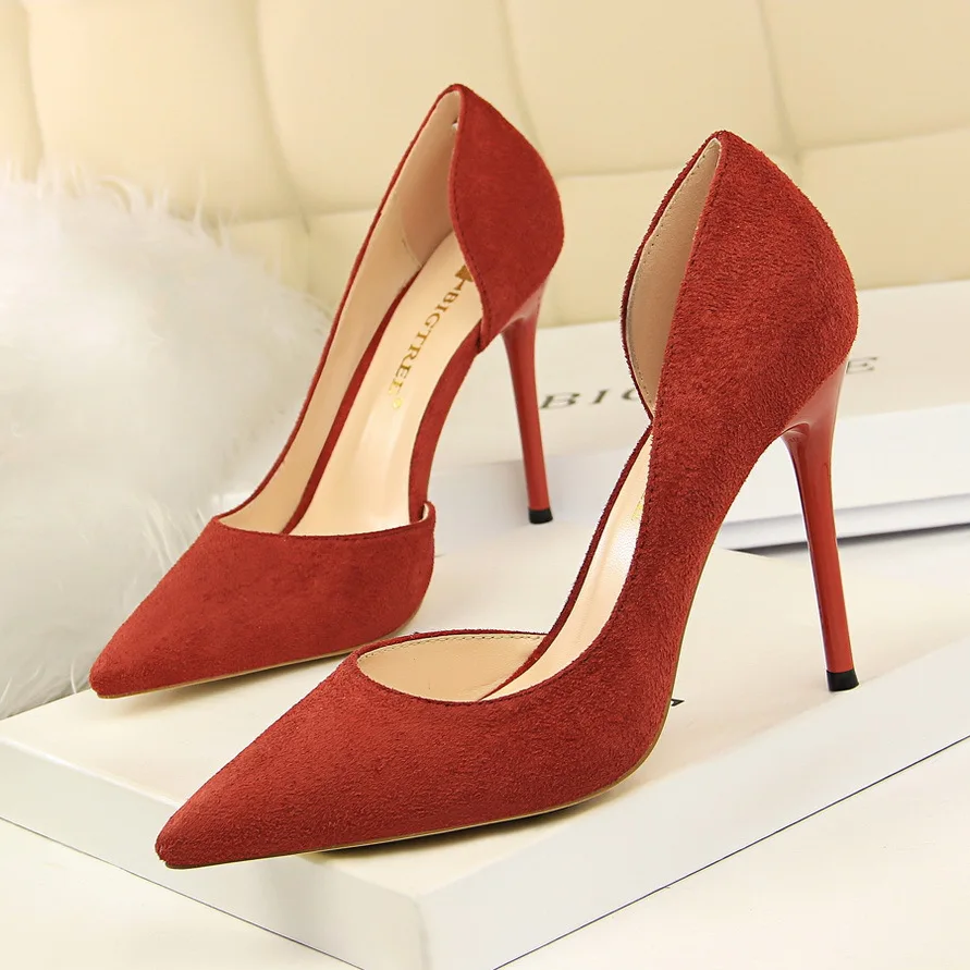 

Autumn Woman Shoes Sexy Side Hollow Flock High Heels Women Pumps Black Pink Red Shoes Ladies Stiletto Office Wedding Pointed Toe