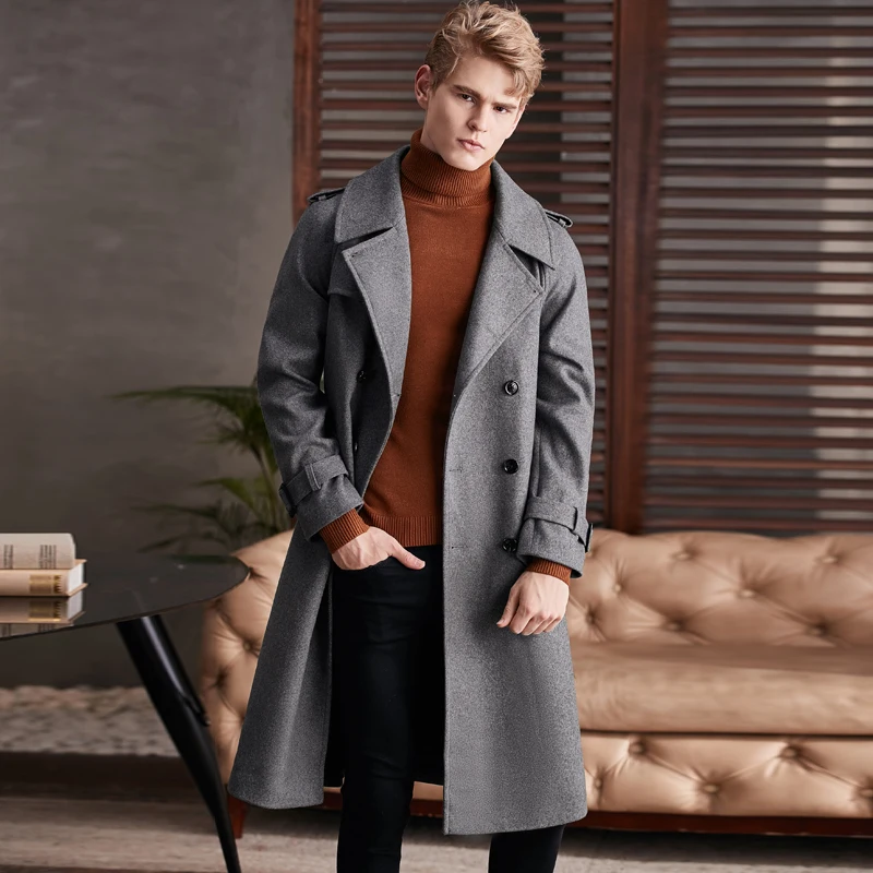 CHAOJUE 2023 Winter British Woolen Coat Men's Loose Classic Grey Double Breasted Extra Long Wool Coat Male Business Outwear