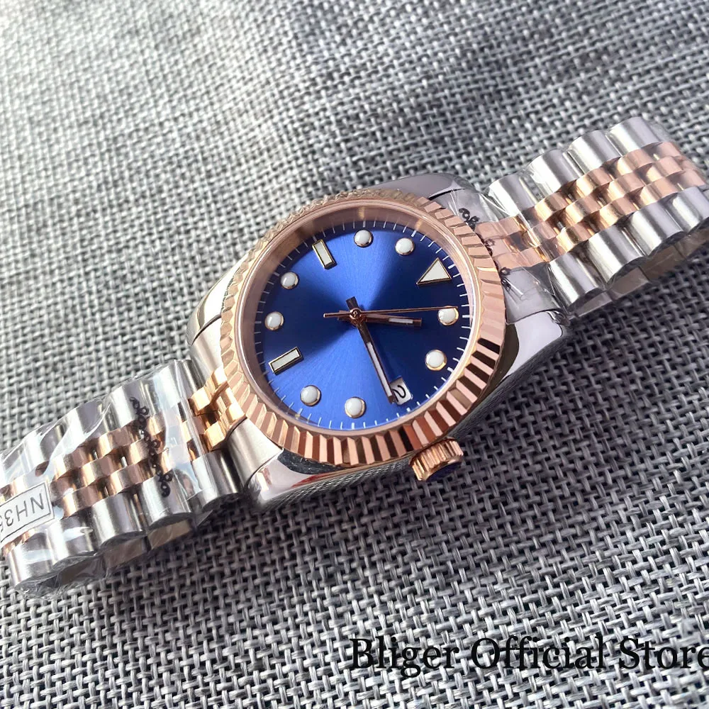 Imagem -05 - Bliger-relógio Mecânico Two Tone para Homem em Dourado Moldura Canelada Ouro Rosa Jubilee Steel Band Mostrador Azul Nh35a 36 mm 39 mm