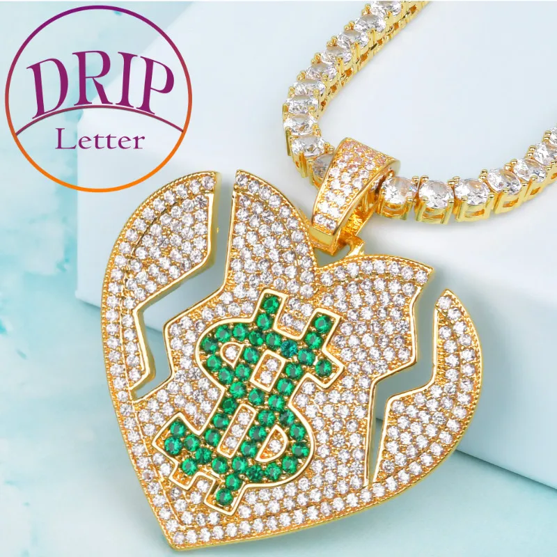 Drip Letter Dollar Symbol Broken Heart Pendant Necklace for Men Hip Hop Iced Out Rock Street Fashion Jewelry 2022 Trend