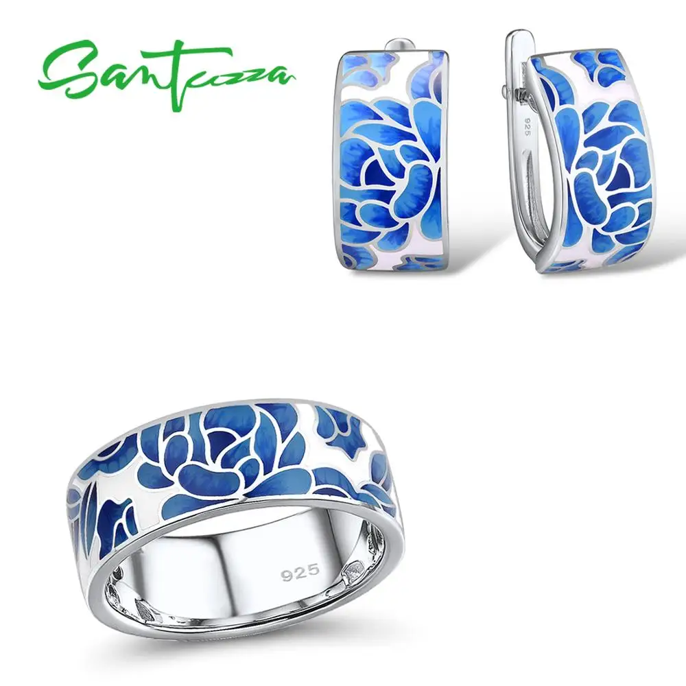 SANTUZZA Silver Jewelry Set for Women Pure 925 Sterling Silver Blue Flower Enamel Earrings Ring Set Trendy Fine Jewelry Handmade