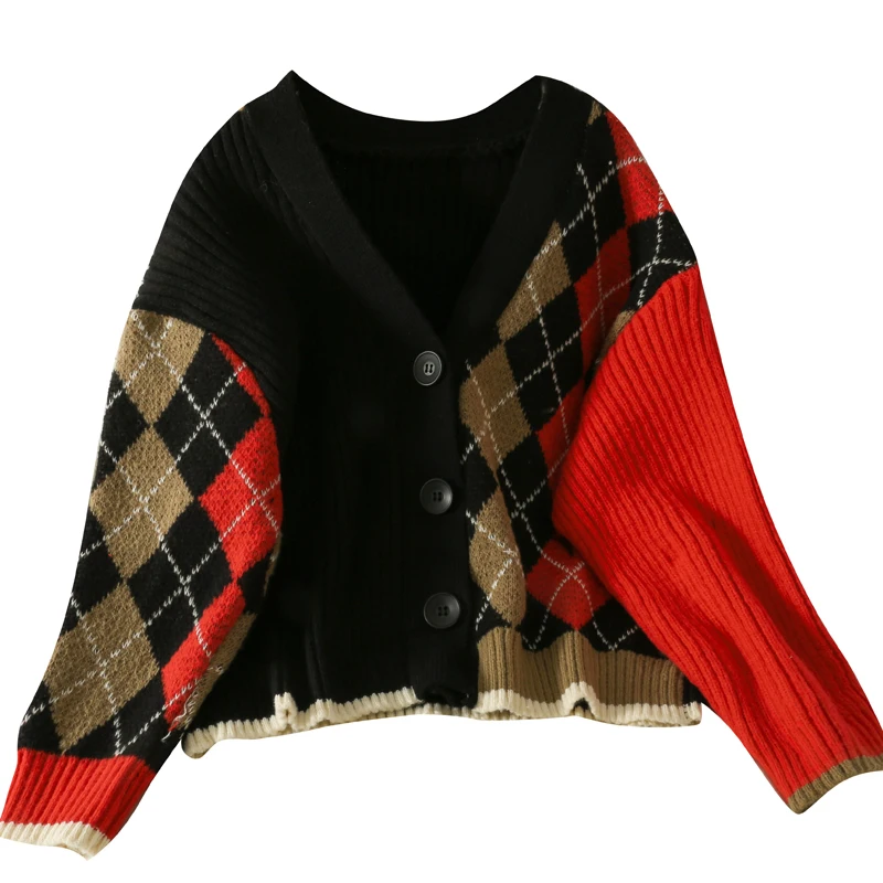 Damski sweter z dekoltem w serek kardigany z dzianiny czerwony Argyle Knit 2021 z długim rękawem moda jesień sweter typu Oversized Sueter Mujer