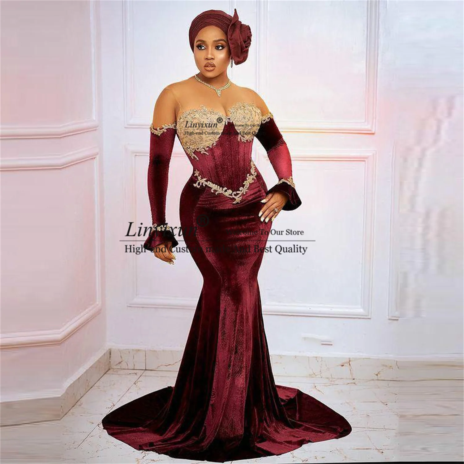 

Burgundy Velour Mermaid Prom Dresses Aso Ebi Style Plus Size Sheer Neck Long Sleeves Evening Gowns African Formal Party Dress