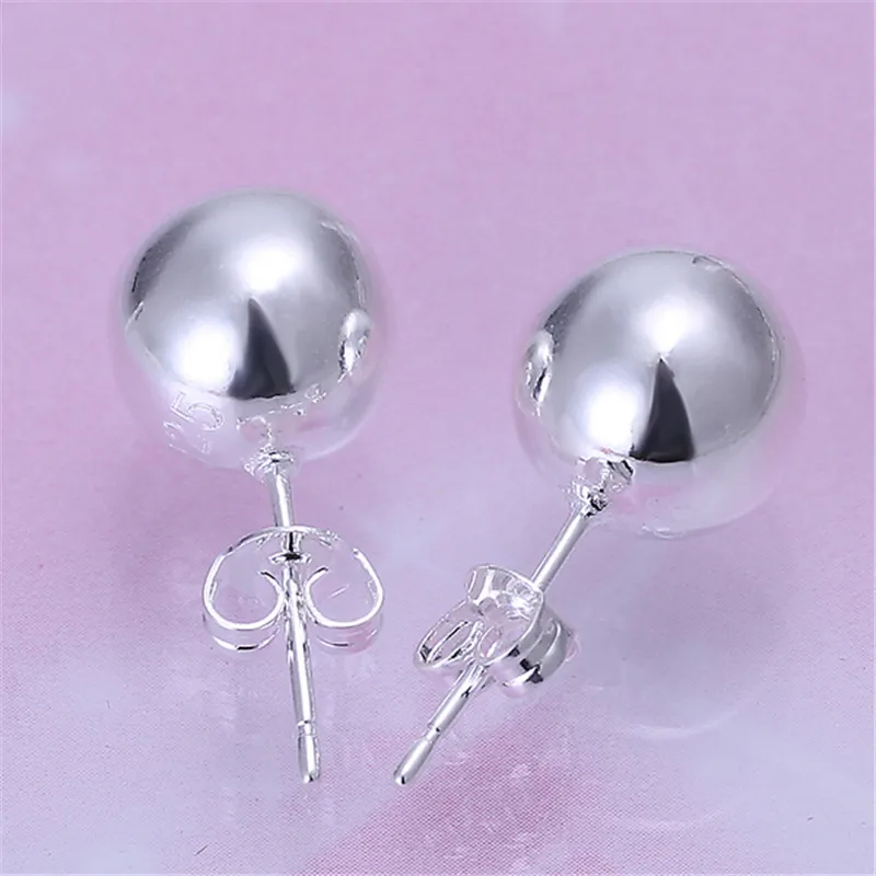 Pendientes de tuerca de bola redonda para mujer, joyería de alta calidad chapada en plata, aretes elegantes de moda, venta al por mayor de 8mm/10mm