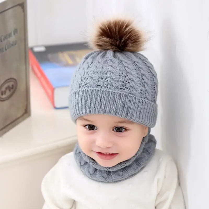 Chapeau avec pompon chaud pour enfants, 1 pièce, décoration en boule, coupe-vent, tricot d\'hiver, bonnet avec écharpe pour le cou, accessoires pour