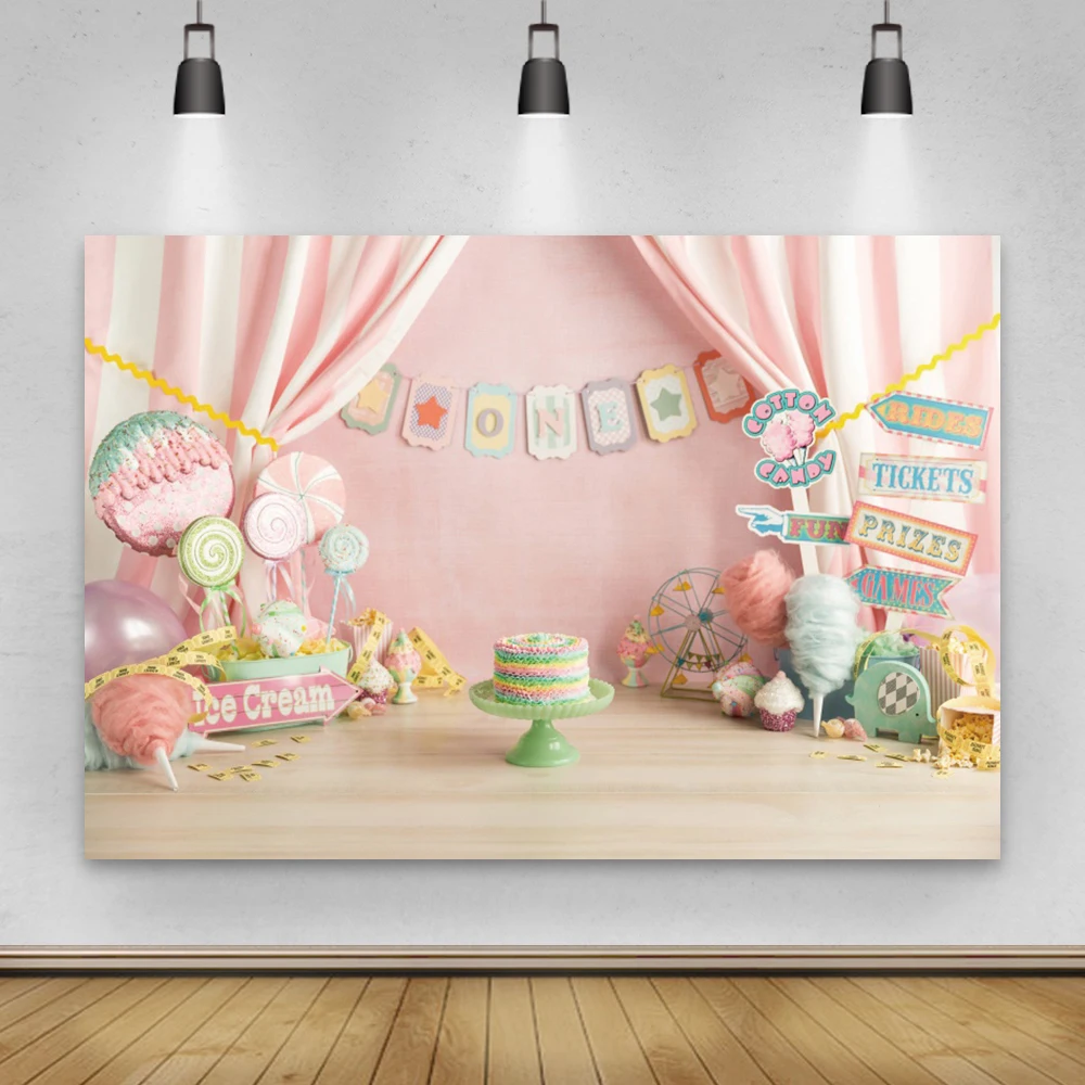 

Laeacco Pink Wall Curtain Candy Party Photography Backdrop Newborn Baby 1st Birthday Party Banner Photo Background Photo Studio