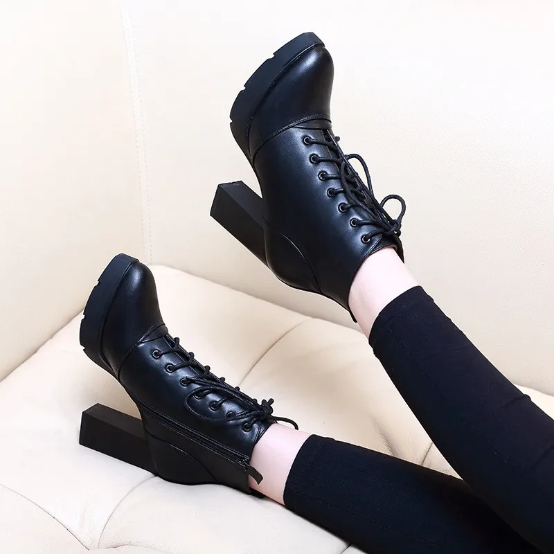 Women Ankle Boots Square High Heel Boots For Woman Fashion Zip Black Autumn Winter Womens Lace Up Platform Boots Shoes