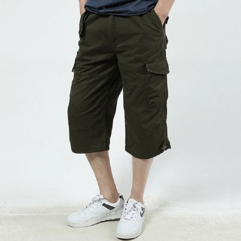 Summer Men's Baggy Multi Pocket Cargo Straight Shorts breeches Male Long Army Green Khaki Mens Loose Short Plus Size 5XL