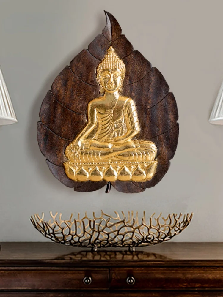 

Thailand Teak Crafts Wall Decoration Living Room Solid Wood Carved Gold Foil Buddha Statue Wall Hanging