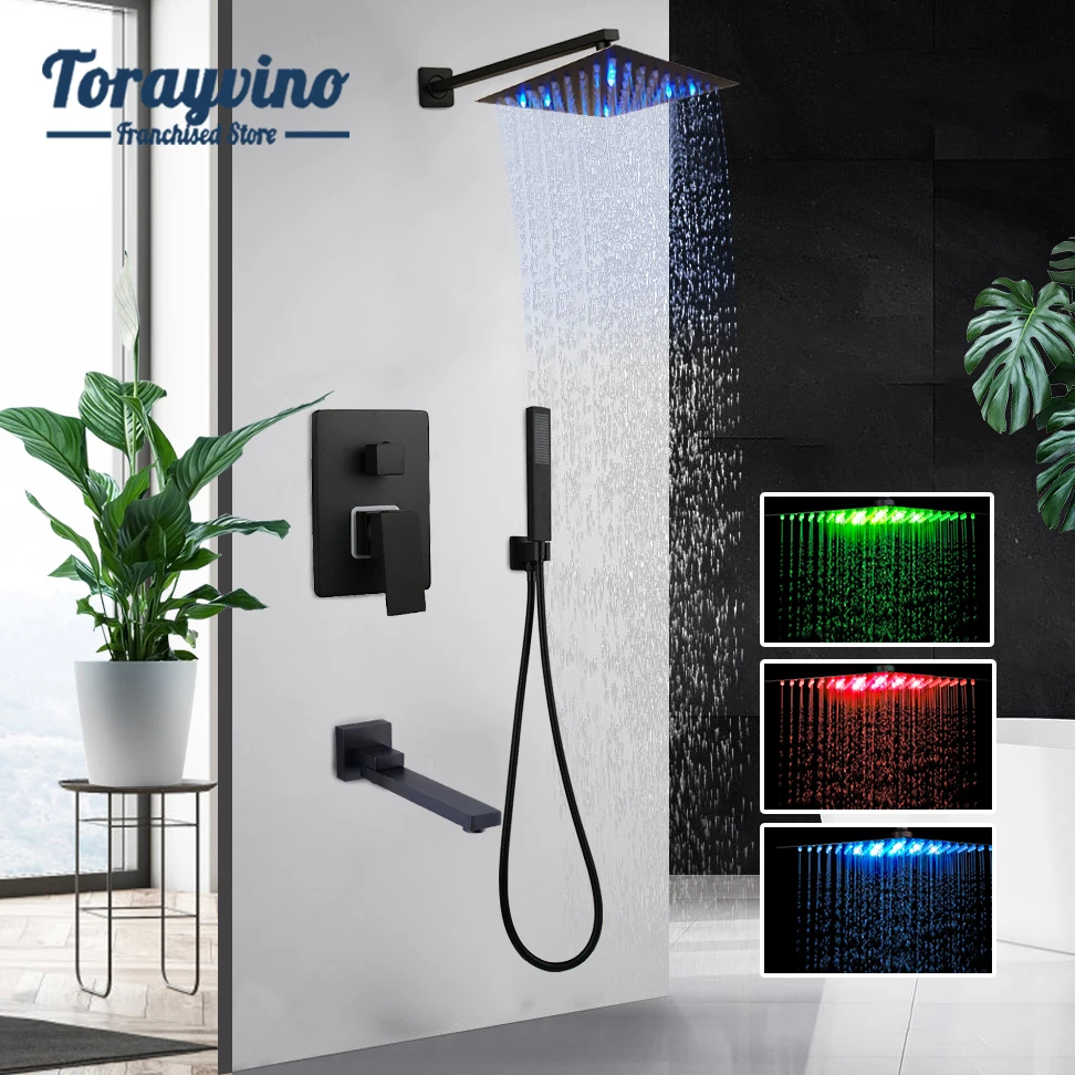 Torayvino Bathroom Matte Black Shower Faucet Kits Rainfall Tub LED Bathtub Rain Square Shower Head & Swivel Spout Tap Set