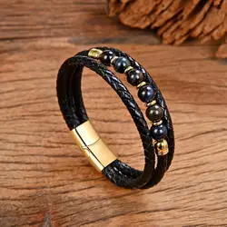 New Natural Stone Men Bracelet High Quality Genuine Leather Bracelets Stainless Steel Magnet Clasp 14 Style Round Beaded Jewelry