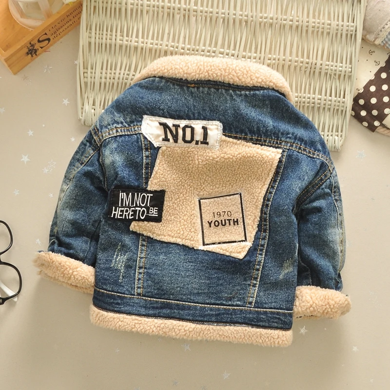 New Autumn Winter Velvet Thick Kids Boys Denim Jackets Single Breasted Lapel Warm Children Jean Coats Outerwear