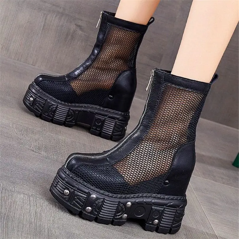 Punk Goth Military Women's Genuine Leather Ankle Boots Platform Wedge Sandals Rivets Sandals Party Oxfords Creepers Shoes