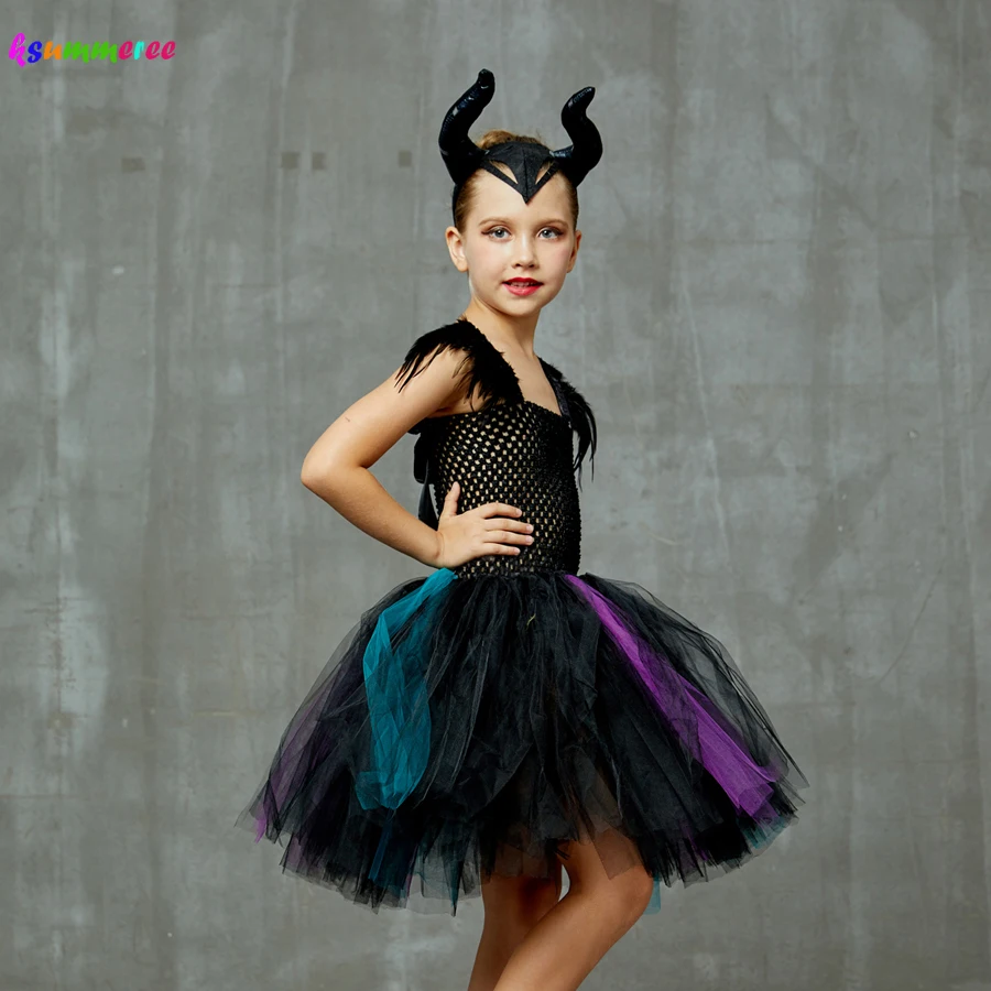 Little Devil Fancy Tutu Dress with Horns Girls Halloween Witch Cosplay Party Costume Feathers Embellished Tulle Dresses