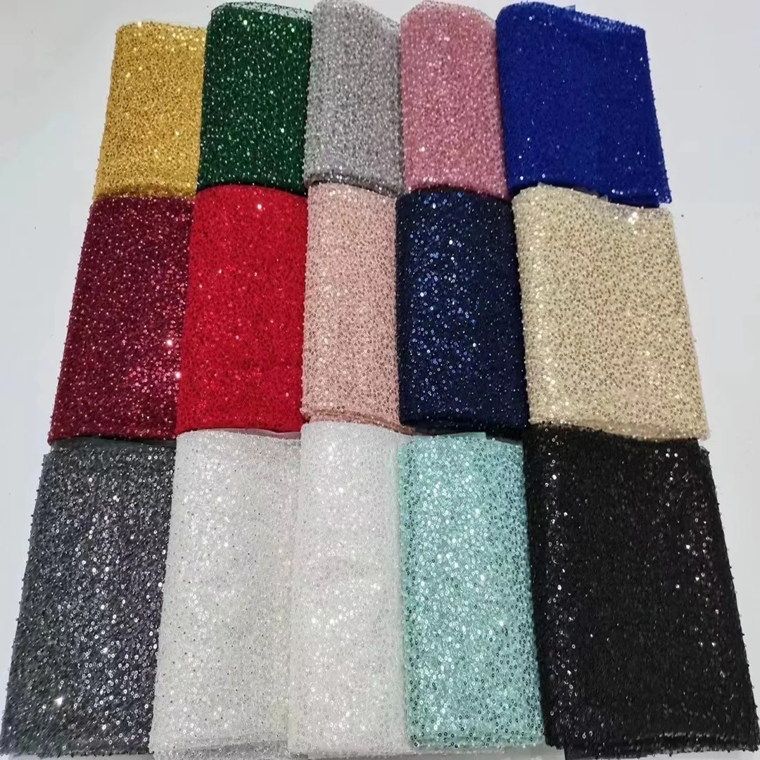 18 colors (5yards/pc) Shining African tulle lace fabric embroidered tiny sequins beads French net lace for party dress FXZ028