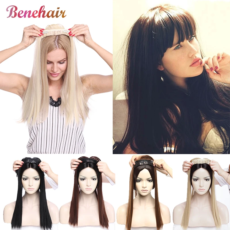 BENEHAIR Synthetic Clip in Hair Topper Long Straight Clip Extension Hair Hair Toupee Hairpiece For Women Fake Hair With Bangs