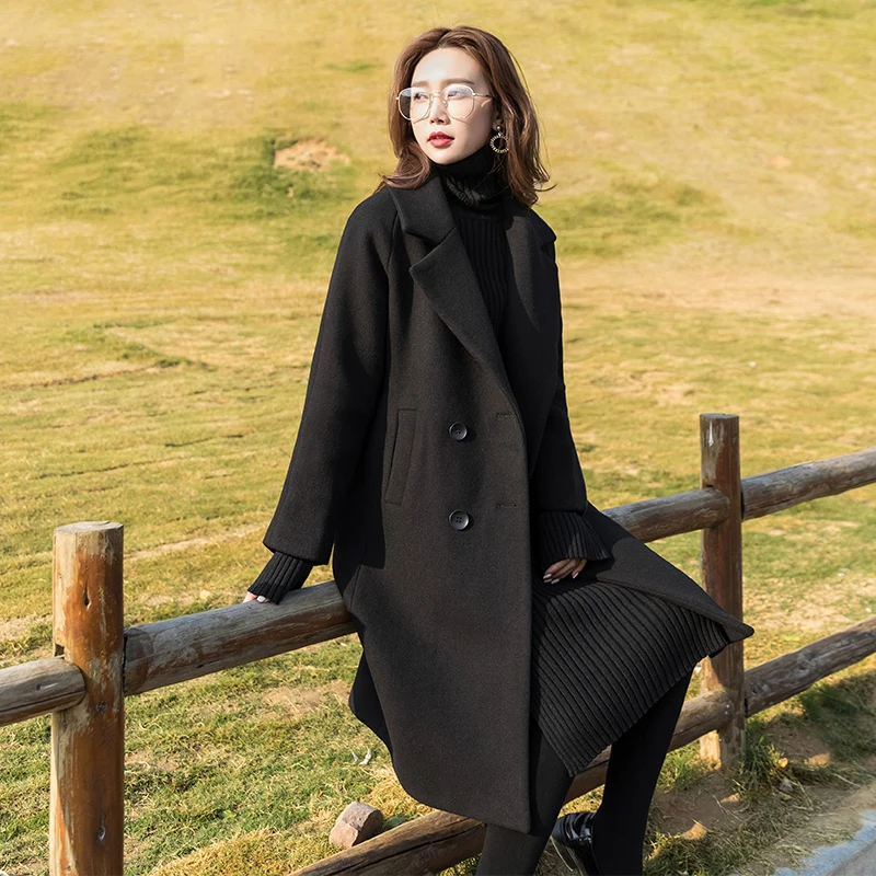 

Black long woolen coat Female lapel Spring and Autumn New Fashion casual 2021