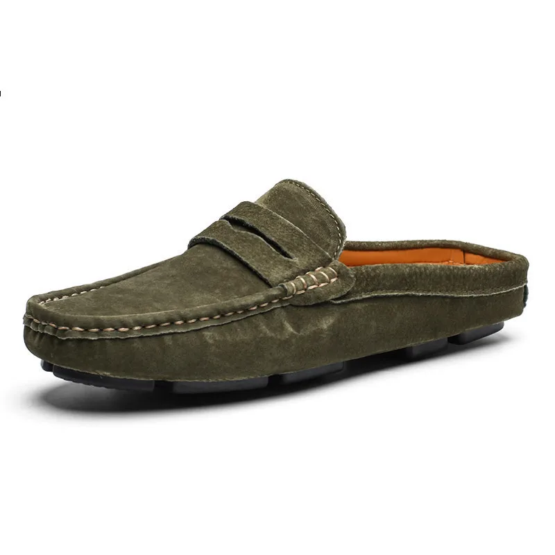 Summer Half Shoes For Men Luxury Brand Handmade Fashion Slipon Men Lazy Shoes Suede Leather Slippers Men Loafers Green