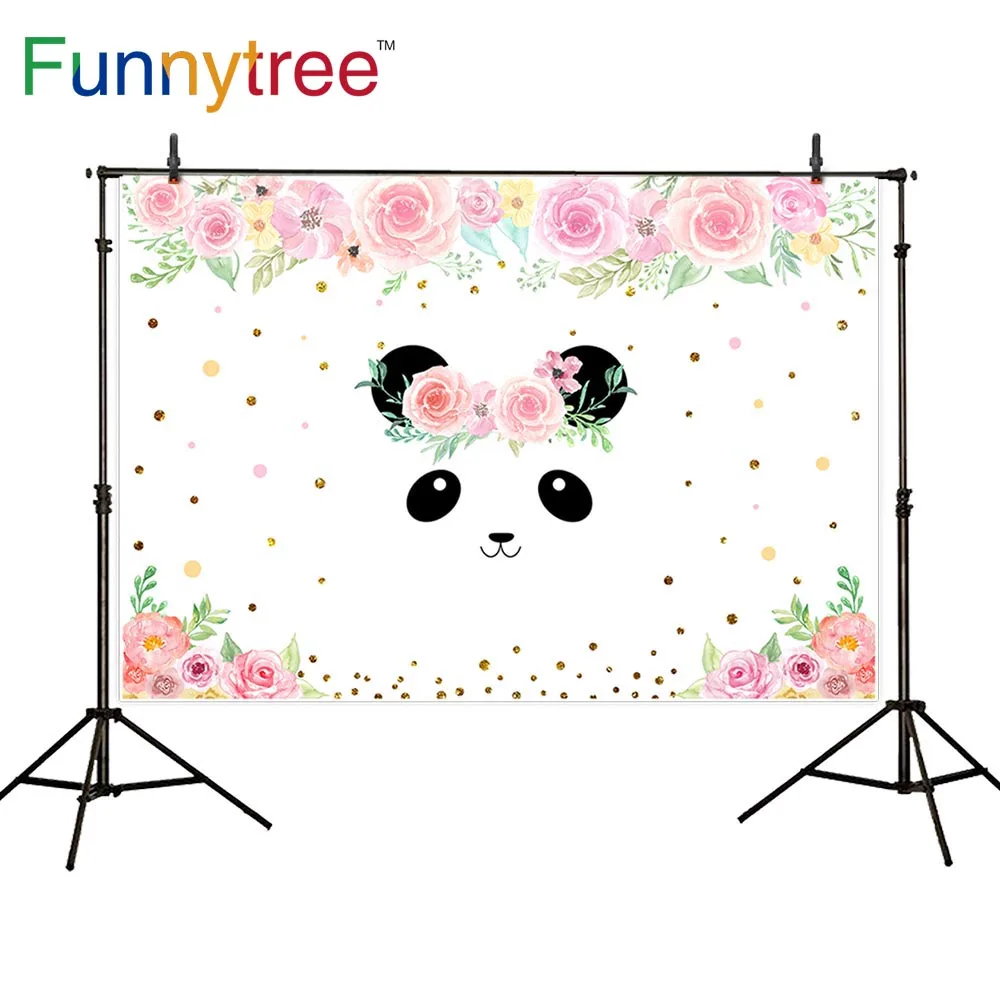 

Funnytree photographic background golden shinny cartoon panda polka dot child birthday flower studio photo backdrops photophone