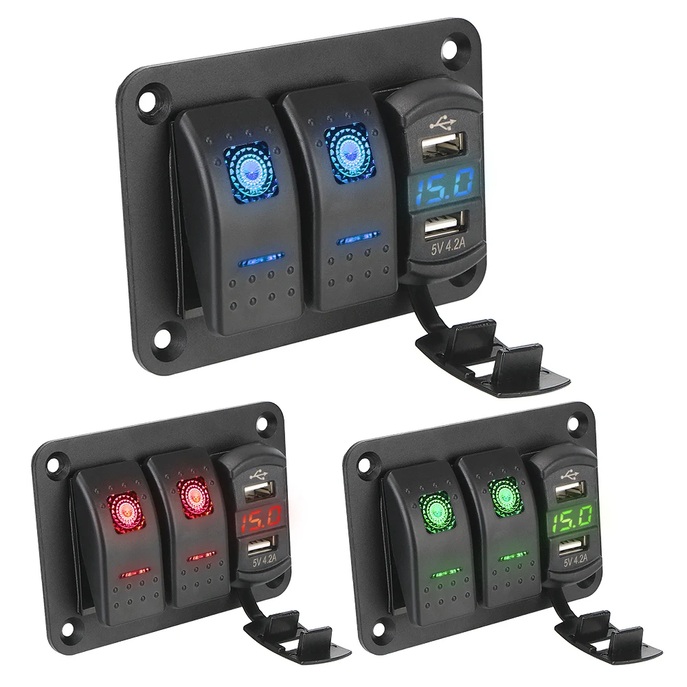 Waterproof for Car Marine Ship LED Rocker Switch Panel Dual USB Port 12/24V Rocker Switch Panel Circuit Breaker LED Voltmeter