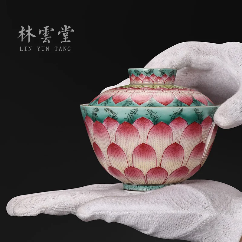 Lin Yuntang hand-painted Buddha lotus green enamel two only tureen jingdezhen ceramic kunfu tea tea cup by hand