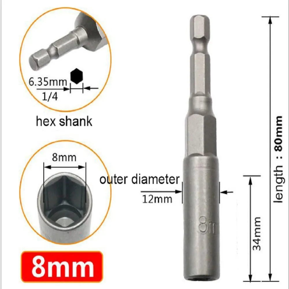 Tuercas hexagonales magnéticas de 80mm de longitud, 1 unidad, 1/4 pulgadas, tuerca de impacto, brocas de perno para destornillador neumático,