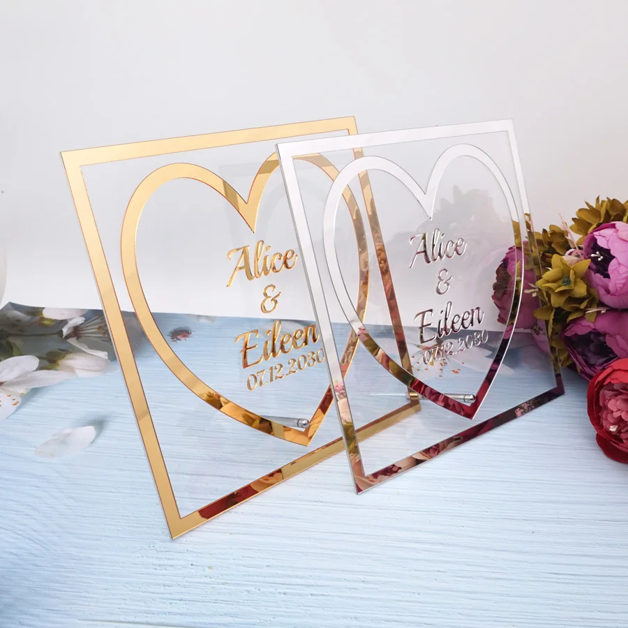 

Custom Welcome Guests Word Sign Wedding Name Date Acrylic Mirror Heart Style Frame Party Event Table Decor Favor with Nail