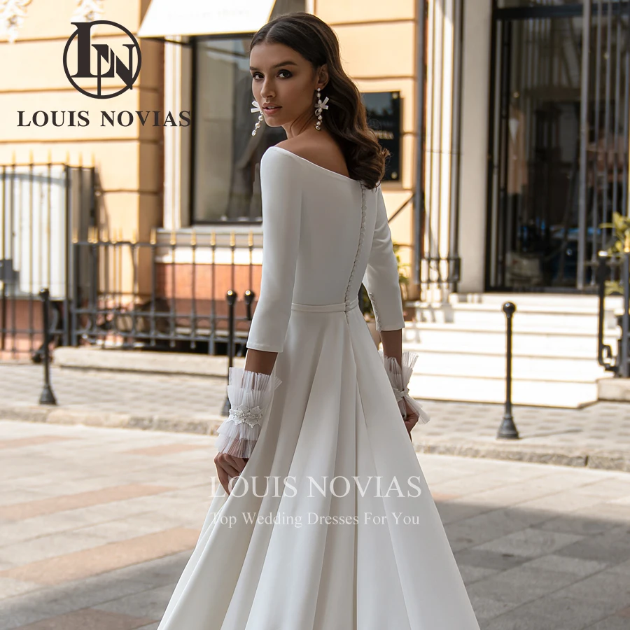 LOUIS NOVIAS abiti da sposa in raso per le donne 2024 telai a maniche lunghe bottoni con fiocco a-line abito da sposa scollo a barca Vestidos De Novia