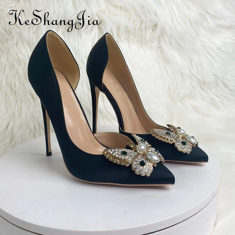 Keshangjia Ms pointed black 12 cm high heels and sexy side empty fine elegant pearl shoes with open toe party 33 to 45 yards