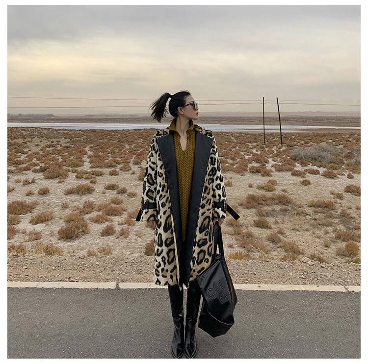 Lautaro Winter Long Leopard Print Warm Fluffy Faux Fur Trench Coat for Women Long Sleeve Double Breasted European Fashion 2021