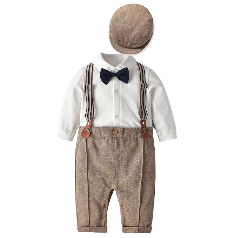 

High Quality Baby Boys Wedding Party Gentleman Suit Newborn Bow Bodysuit+Hat Outfits & Set Gentleman Birthday Gift