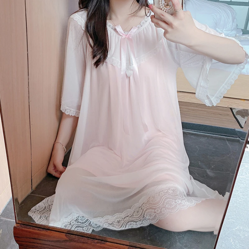 Women Romantic Nightgowns White Pink Lace Mesh Fairy Nighty Victorian Vintage Lolita Night Dress Girl Kawaii Sleepwear Nightwear