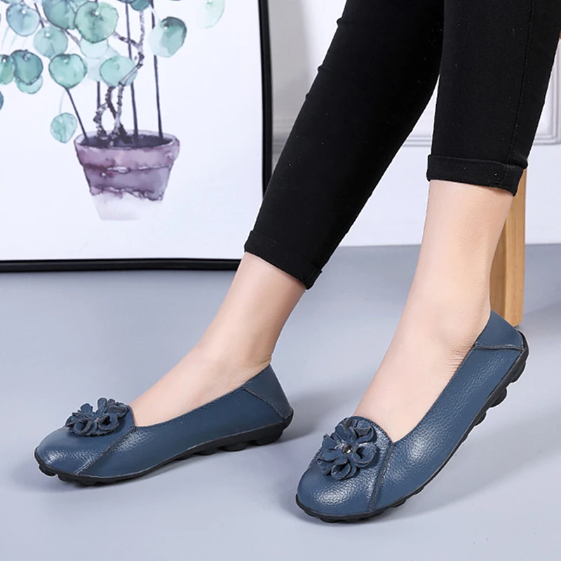 WOIZGIC Women Mother Ladies Female Woman's Old Slip On Flowers Genuine Leather Shoes Flats Loafers Size 35-44 XHN-715