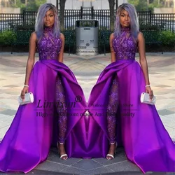 2021 Purple Jumpsuits Prom Dresses With Detachable Train High Neck Lace Appliqued Bead Evening Gowns Luxury African Party Gowns