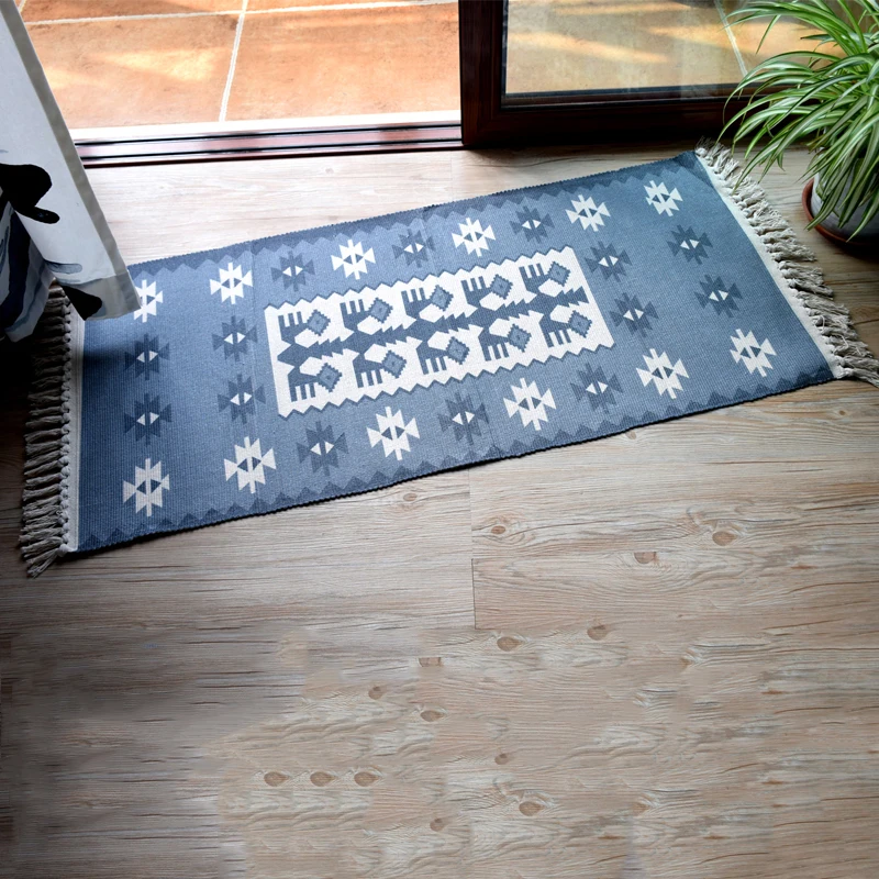 Bohemian Retro Bedside Rug Cotton Hand Woven Carpet Door Mat Geometric Tassel Floor Mat Living Room Bedroom Home Decoration
