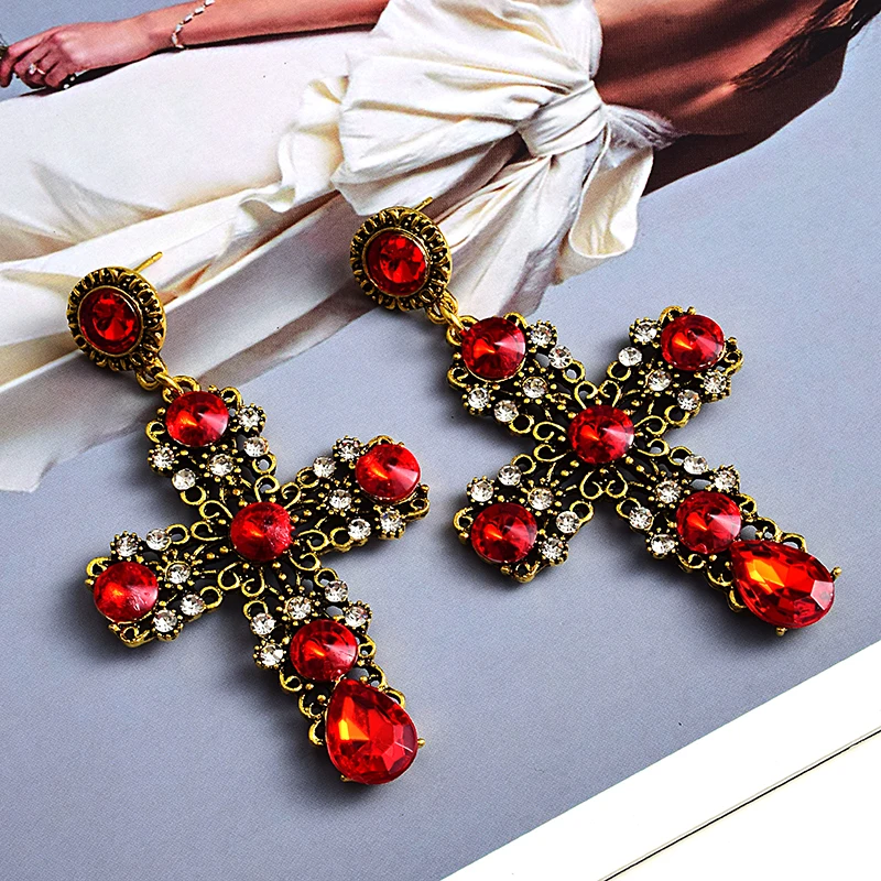 New Design Vintage Metal Crystal Long Cross Drop Earrings High-Quality Rhinestones Jewelry Accessories For Women Wholesale