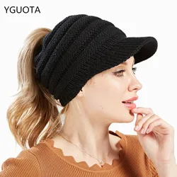 The New Lady Knitted Hats For Men And Women Skiing Baseball Cap Openings Horsetail Hat