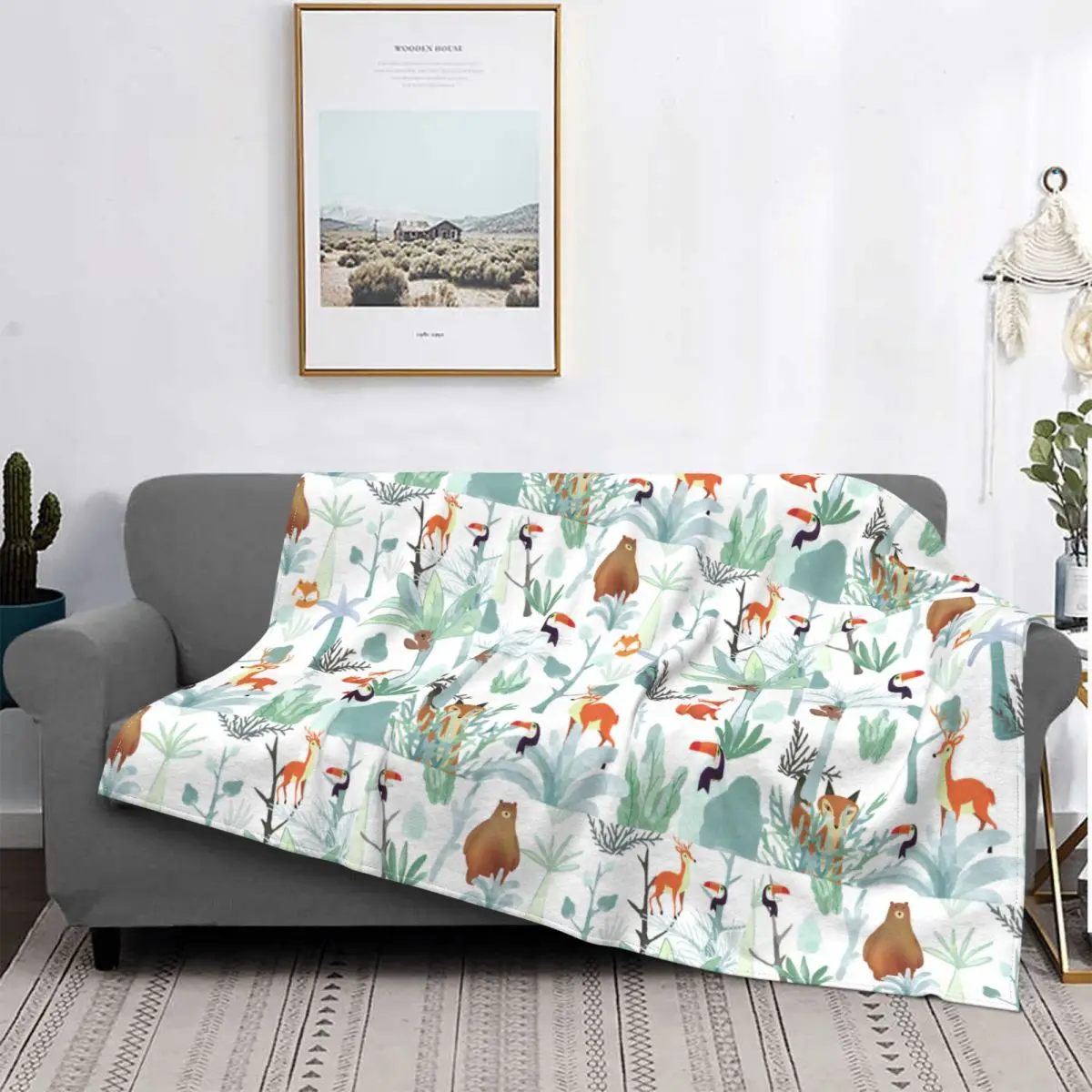 Cute Animal Having Fun In Botanical Tropical Forest Blankets Fleece Decoration  Throw Blankets for Bedding  Plush Thin Quilt