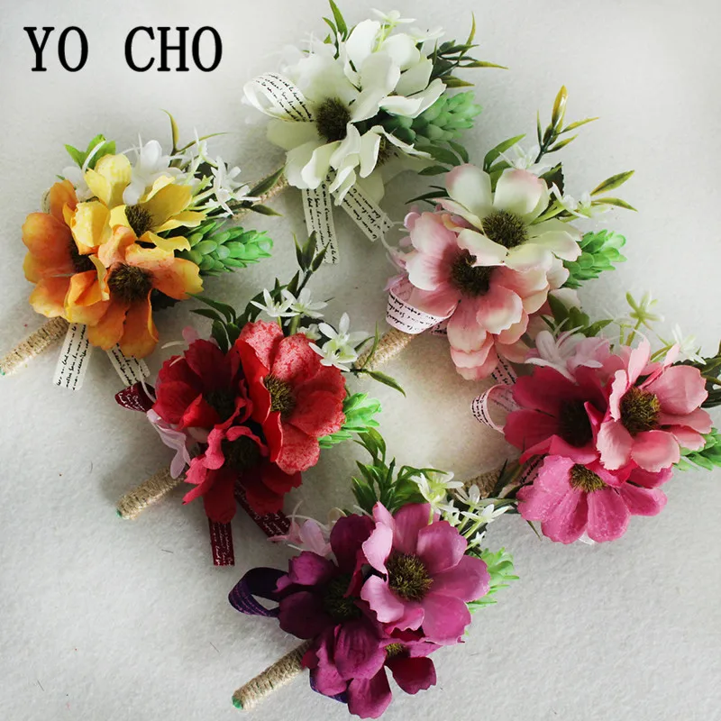 YO CHO Silk Flowers Wedding Corsage Bracelet for Bridesmaids Groom Boutonniere Flowers Wedding Corsages and Boutonnieres Brooch