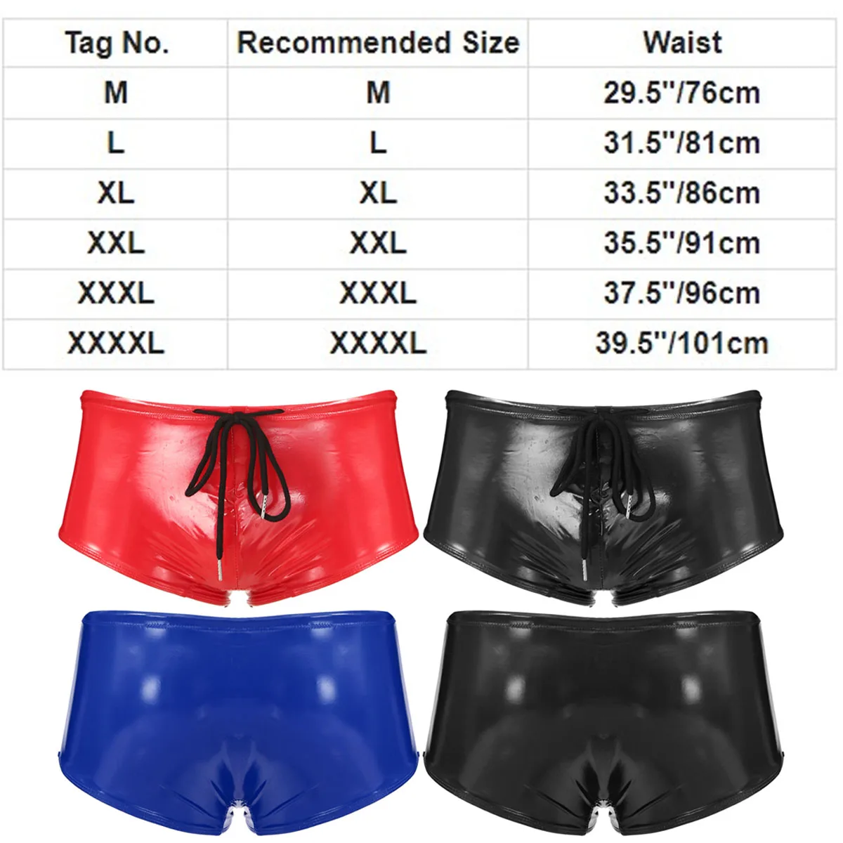 Men Wet Look Patent Leather Boxer Sexy Black Latex Swimming Trunks Drawstring Panties Underwear Clubwear